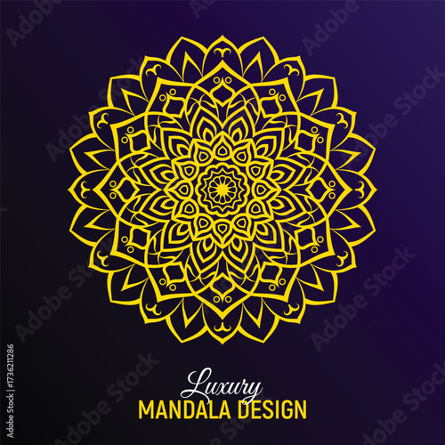 Tableau sur toile Golden Luxury Mandala Design on a Dark Purple Gradient Background