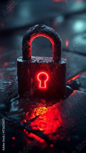 A glowing red keyhole illuminates a dark, wet padlock resting on a textured surface