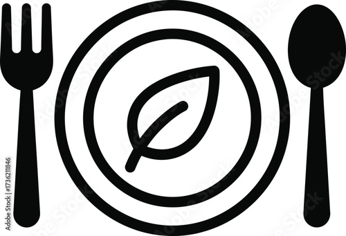 Black Icon of Plate with Leaf, Fork, and Spoon on White Background food