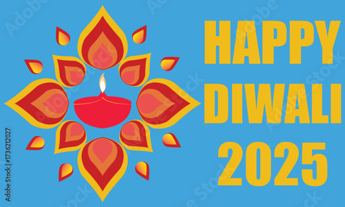 Happy Diwali 2025 greeting with festive Diya.Colorful Diwali 2025 greeting card featuring traditional oil lamp diya with decorative rangoli design on a bright festive background.EPS 10/ AI.