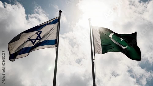 Backlit Israel and Pakistan Flags Wave Against Cloudy Sky Low Angle