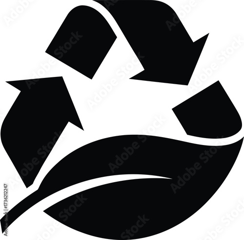 Black Recycling Symbol with Green Leaf Icon on White Background recycle reuse