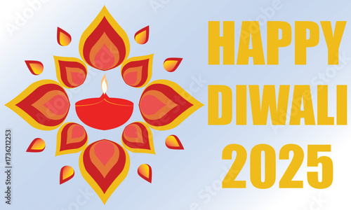 Happy Diwali 2025 greeting with festive Diya.Colorful Diwali 2025 greeting card featuring traditional oil lamp diya with decorative rangoli design on a bright festive background.EPS 10/ AI.