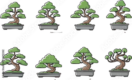 A collection of eight distinct cartoon bonsai trees, each with unique green foliage and brown trunks in grey pots.
