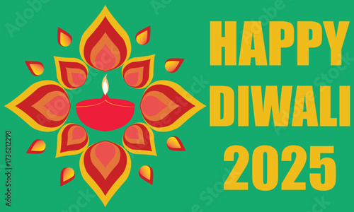 Happy Diwali 2025 greeting with festive Diya.Colorful Diwali 2025 greeting card featuring traditional oil lamp diya with decorative rangoli design on a bright festive background.EPS 10/ AI.