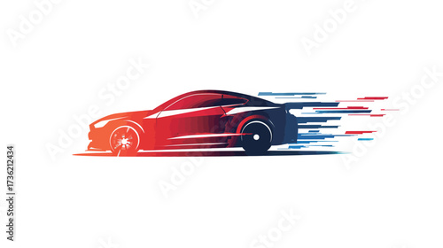 Brightly colored racing car design shown in motion with red and blue accents. The artwork emphasizes speed with trailing lines that suggest rapid movement.