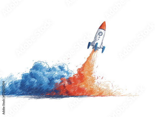 A small rocket ascends into the sky, leaving behind vibrant orange and blue smoke trails. This dynamic moment captures the excitement of space exploration and adventure.