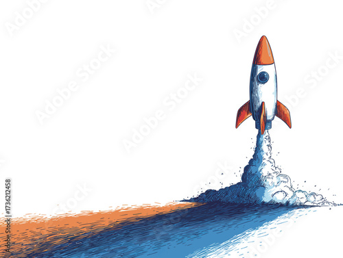 A colorful rocket is taking off, leaving a trail of smoke behind it. This scene symbolizes the excitement of technological advancements and new beginnings.