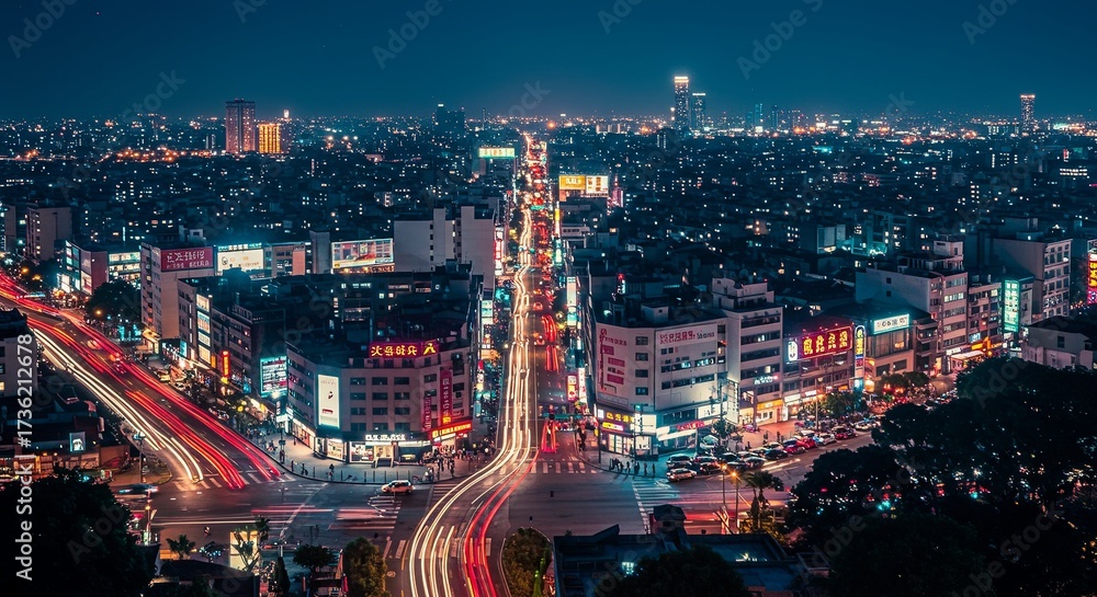 Obraz premium A vibrant, high-angle view of a bustling Asian city at night. Long-exposure light trails from traffic and glowing neon signs create a dynamic and energetic urban scene.