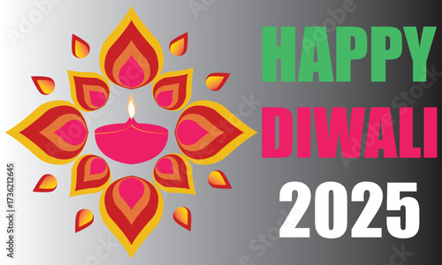 Happy Diwali 2025 greeting with festive Diya.Colorful Diwali 2025 greeting card featuring traditional oil lamp diya with decorative rangoli design on a bright festive background.EPS 10/ AI.