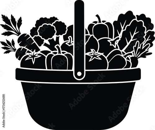 Black Silhouette Icon of a Basket Full of Vegetables on a White Background food produce