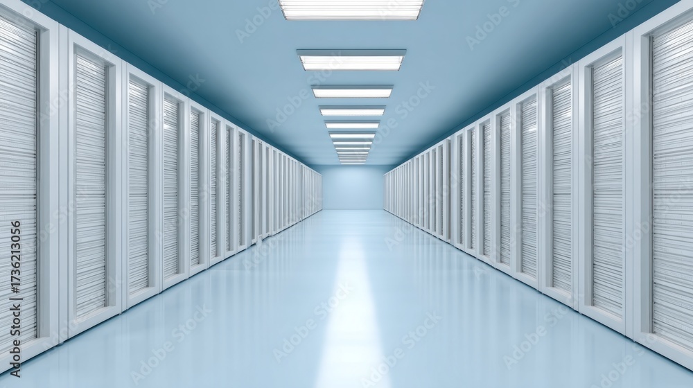 Obraz premium A long, narrow hallway with white walls and a blue ceiling, lined with white doors on both sides.