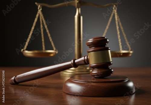 Gavel resting on a wooden table with scales of justice in the background symbolizing law and order