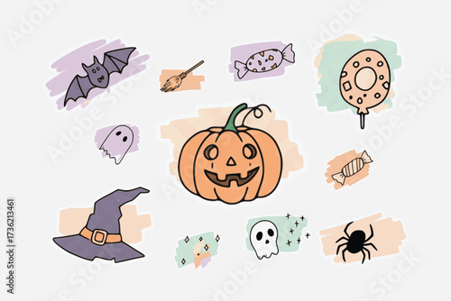 A collection of cute Halloween-themed doodles including a pumpkin, bat, ghosts, witch hat, spider, and candies with pastel watercolor accents.