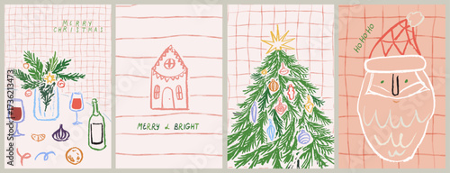 Retro vintage Christmas banner collection in pencil chalk drawing style. Cute poster or placard print set christmas or new year dinner table with wine and fir tree. Greeting card and party invitations