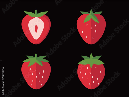 Four vibrant strawberry shapes are displayed against a black background, showcasing both whole and sliced fruit. The design emphasizes freshness and appeal.