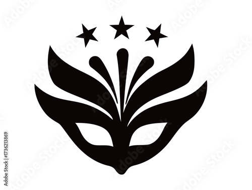 A unique mask design combines floral patterns with three stars, representing mystery and elegance. The bold black silhouette captures attention with its artistic flair.