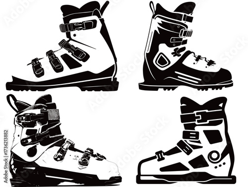 Variations of ski boots are shown, highlighting designs for comfort, performance, and safety. Each boot displays unique features for winter sports lovers.