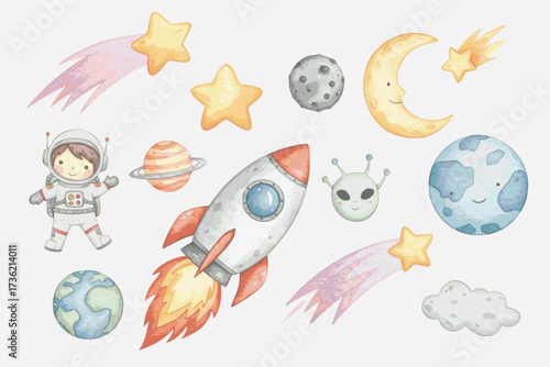 A charming watercolor collection of space-themed illustrations, including an astronaut, rocket ship, planets, stars, and a friendly alien.