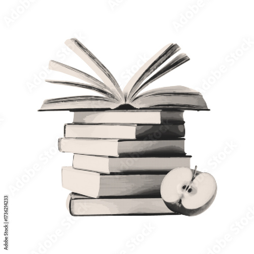Open books and apple fruits retro grunge dotted halftone. Vector illustration isolated background.