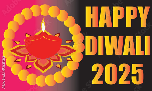 Happy Diwali 2025 greeting with festive Diya.Colorful Diwali 2025 greeting card featuring traditional oil lamp diya with decorative rangoli design on a bright festive background.EPS 10/ AI.