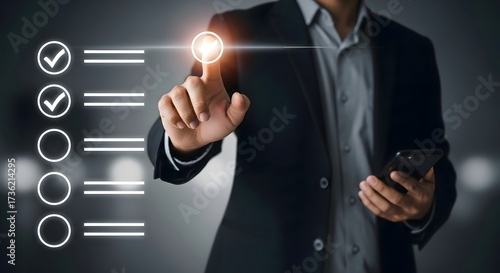 Businessman completing checklist on virtual screen for task management and productivity boost