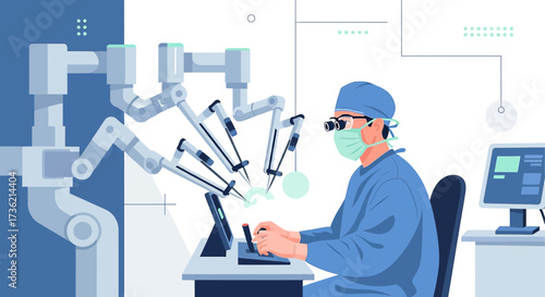 Robotic surgery with a surgeon operating a robotic system assisted by technology in a medical
