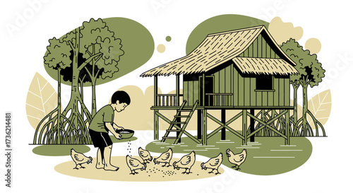 Rural life illustration with a boy feeding chickens near a stilt house in a village scenery