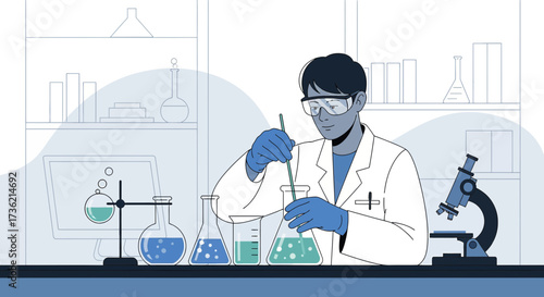 Scientist conducting experiment in laboratory with glassware and microscope illustration