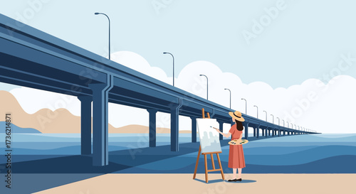 Serene coastal scene featuring an artist painting under a long bridge illustration