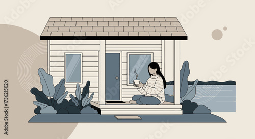 Serene moment: Woman enjoying coffee on cabin porch with nature backdrop illustration
