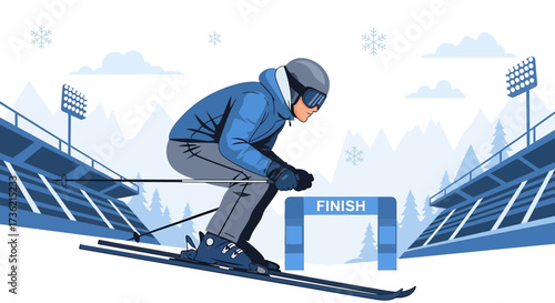 Skier achieving victory on snowy slope competition finish line illustration