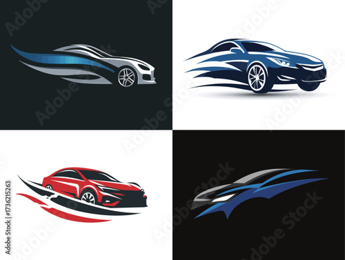 Four distinct car logos feature sleek designs in various colors, representing modern automotive aesthetics. Each logo emphasizes speed and innovation in vehicle design.