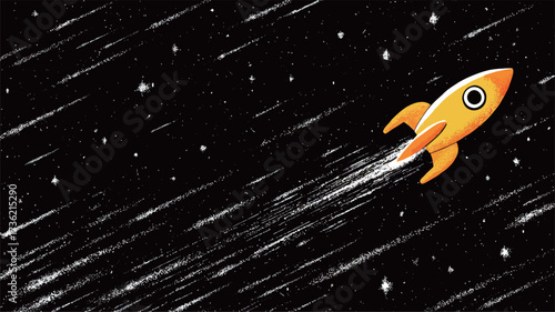 A colorful rocket flies through a starry sky, leaving a bright trail. The scene captures the excitement of space exploration and adventure in a vast universe.