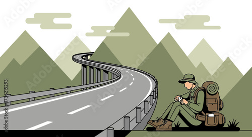 Solo Traveler Taking a Break on a Scenic Road Trip with Mountain Views and Modern Communication