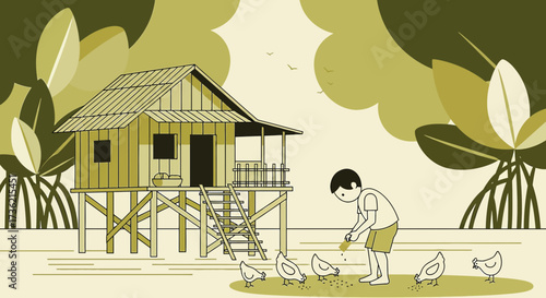 Stylized illustration depicting a boy feeding chickens near a stilt house in a mangrove setting