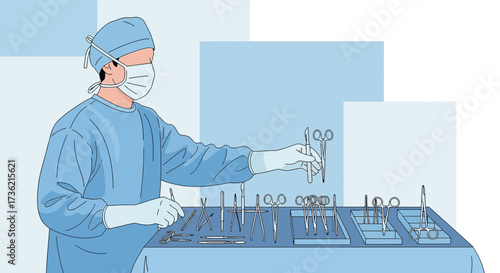 Surgeon preparing surgical instruments for operation in a sterile environment setting illustration