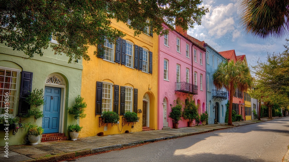 Fototapeta premium Charleston Houses. Pastel Row Houses in Historic European City Street