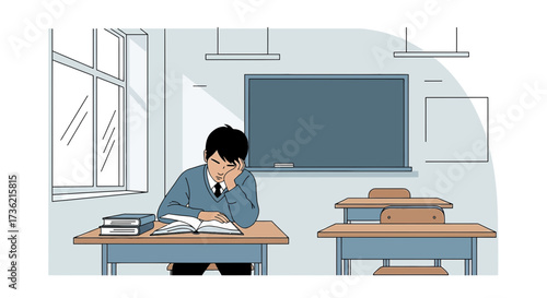 Tired student sleeping on his desk in a classroom during the day, exhausted learning session