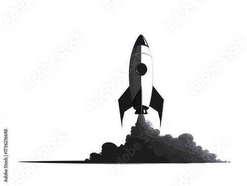 A sleek rocket is ascending into the sky, leaving a billowing cloud of smoke behind. The backdrop is clear, emphasizing the rockets upward motion and power.