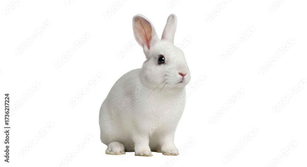 Fototapeta premium Isolated white rabbit looking forward, sitting quietly and alert with upright ears, indoors