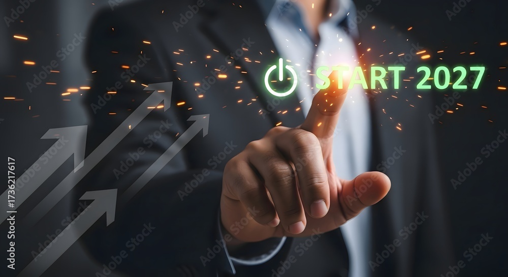 Naklejka premium Start business future with start button and growth arrows for success in the year of 2027