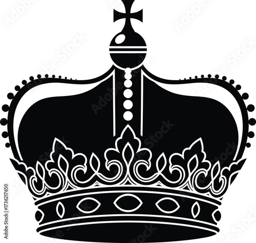 Black Silhouette of an Ornate Crown with Cross on White Background royalty king