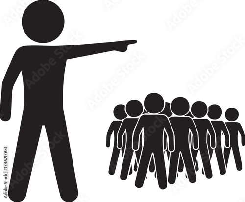 Dynamic leader pointing the way to success with a team following closely, symbolizing vision, direction, and unity in achieving common goals together