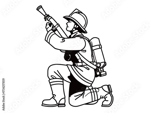 A firefighter is kneeling and aiming a water hose during a training exercise. The setting looks like a training ground, with clear focus on skill development.
