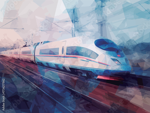 A sleek modern train travels swiftly on railway tracks, showcasing bright colors against an urban backdrop during the evening. The scene captures a sense of speed and technology.