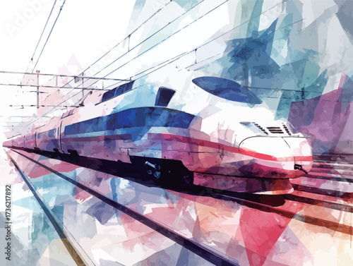 A high-speed train moves swiftly along its tracks, surrounded by a vibrant abstract background. The scene captures the essence of modern transportation and speed.