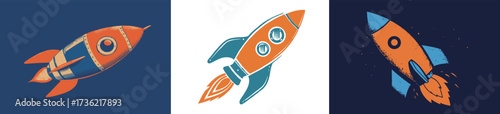 Three distinctive rocket designs in vibrant colors illustrate the wonder of space travel. Each rocket features unique elements that capture attention and inspire imagination.