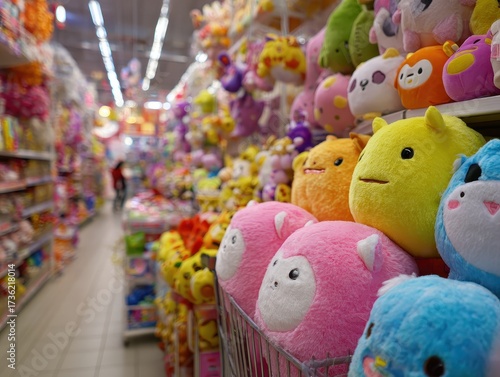 Playful Parade of Soft, Cuddly Plushies Lining a Brightly Lit Toy Store Aisle.