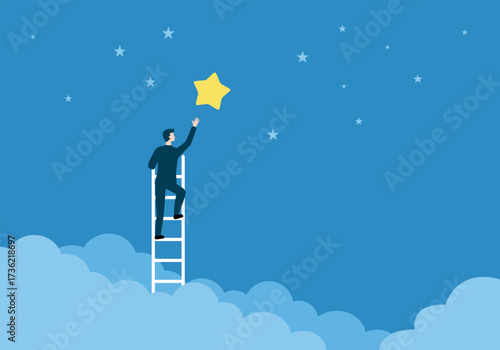 Business opportunity, ladder of success or aspiration to achieve business goal concept, ambitious businessman climbing ladder to the the top and reaching for the shining star.
